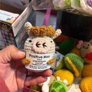 Crocheted Cow Plush with Positive Message